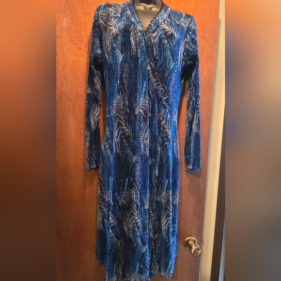 Ninety Elegant Blue Patterned Women's Stretchy Faux Wrap Dress SzM - Picture 3 of 11